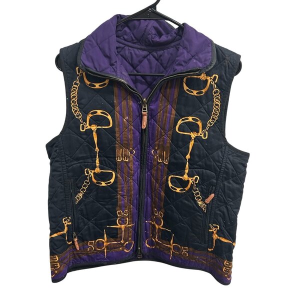 Lauren Ralph Lauren Reversible Quilted Vest Equestrian Print Purple Side Size L - Picture 1 of 11